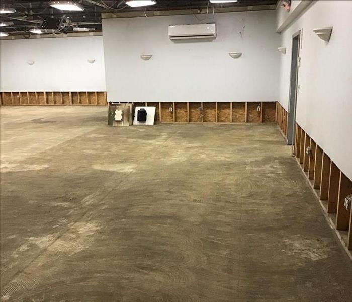 The room has been dried, the ceiling removed, and parts of the wall removed.