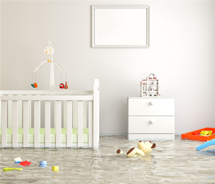 Flooded nursery with crib and dresser partly under water